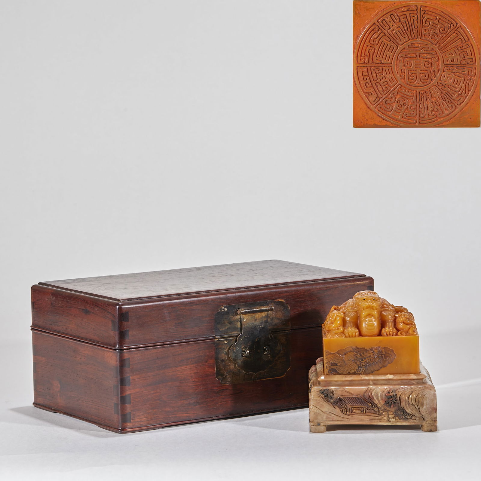 Tianhuang stone seal with beast knop, made by the Imperial Household Department in the 59th year of: The 59th Year of the Qianlong Reign, Made by the Imperial Household Department, Tian Huang Stone Beast-Knob Seal, H: 9cm, L: 9cm, W: 9cm, 1407g. Produced by the imperial workshop and made by the