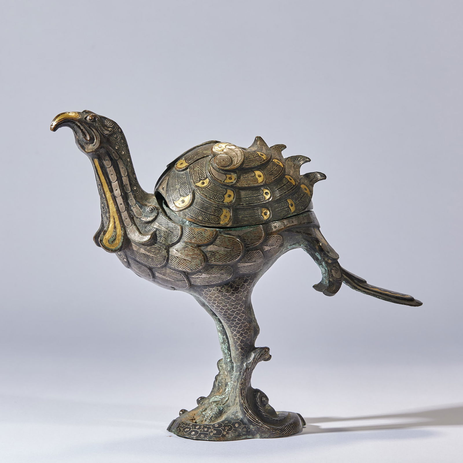 Phoenix incense burner with gold and silver inlay, Pre-Ming Dynasty (1 of 12)