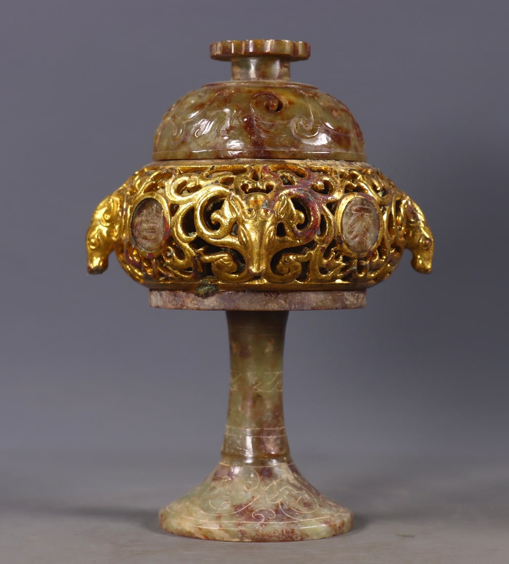 Ram-Head Censer, Bronze with Gold Gilding, Inlaid Hetian Jade, with Red Patina and Green Rust (1 of 9)