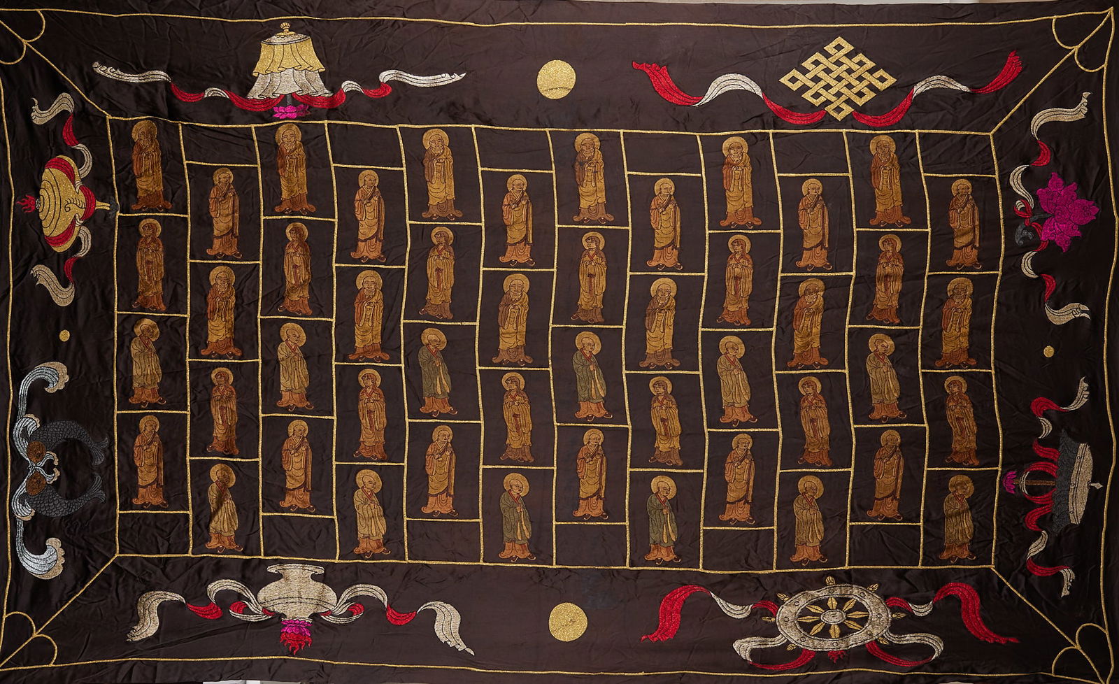 Sutra Blanket with Arhat Pattern, Embroidered: Embroidered Arhat Thangka, 190cm in length and 115cm in width, produced in the Tibetan Buddhist monasteries or imperial embroidery workshops from the Qing Dynasty to the Republic of China, it is a sol