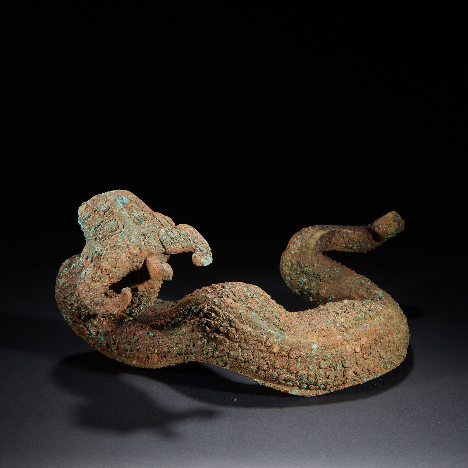 Bronze Dragon, Pre-Ming Dynasty: Bronze Dragon, before the Ming Dynasty, 16cm in height and 35cm in length, unearthed from the noble tombs or cellars from the Han Dynasty to the Tang Dynasty and later collected privately. Made of bro