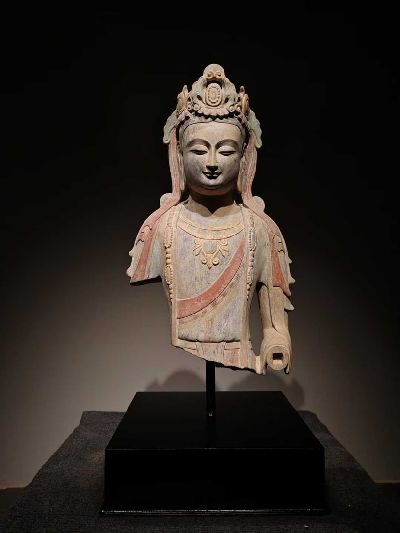 Half-Body Bodhisattva Statue, Blue Stone with Gold Application and Polychrome, Pre-Ming Dynasty: Blue Stone Gilt Painted Bodhisattva Half-body Statue, before the Ming Dynasty, about 58cm in net height and about 34cm in width, unearthed from the ruins of Buddhist monasteries from the Northern Wei