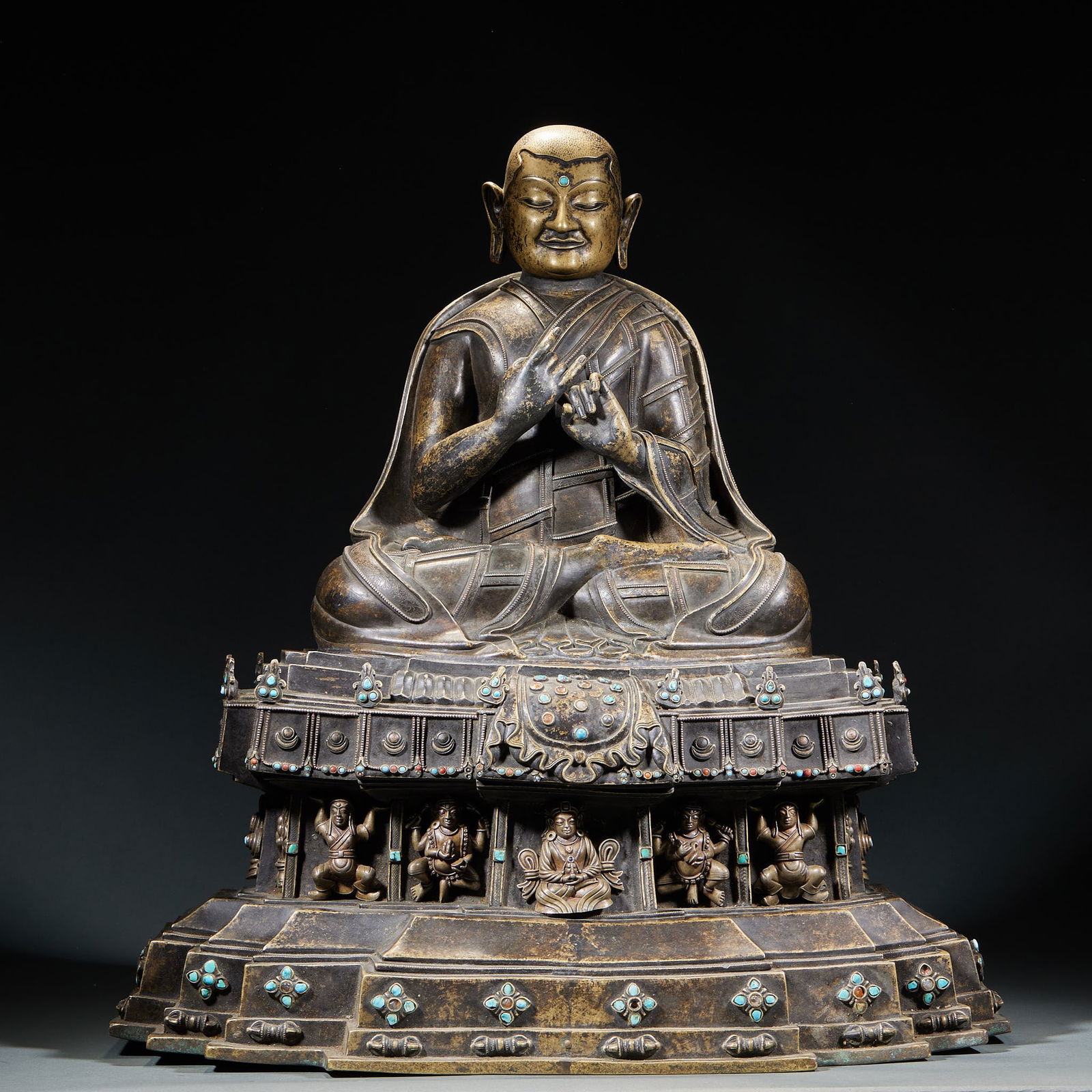 Guru Buddha Statue, Alloy Bronze with Turquoise Inlay: Alloy Bronze Guru Buddha Statue Inlaid with Turquoise, 52cm in height, 49cm in length and 38cm in width, produced in the Tibetan Buddhist monasteries or Imperial Workshop of the Ming Dynasty, it is a