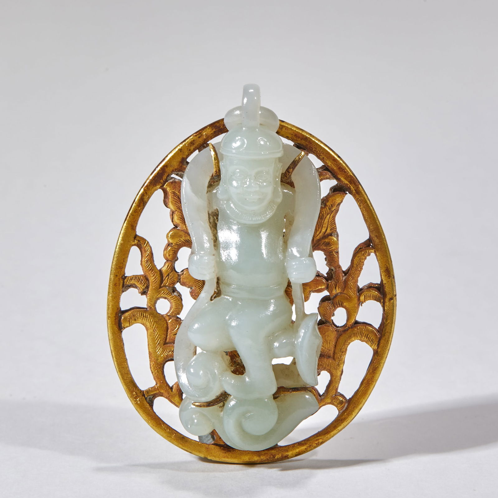 Foreigner Figurine, Hetian Jade: Hetian Jade Foreigner Figure, 6.5cm in height, 5cm in length, 1cm in width and 48g in weight. Produced by a foreigner workshop in the West Market of Chang'an in the Tang Dynasty, it was an ornament