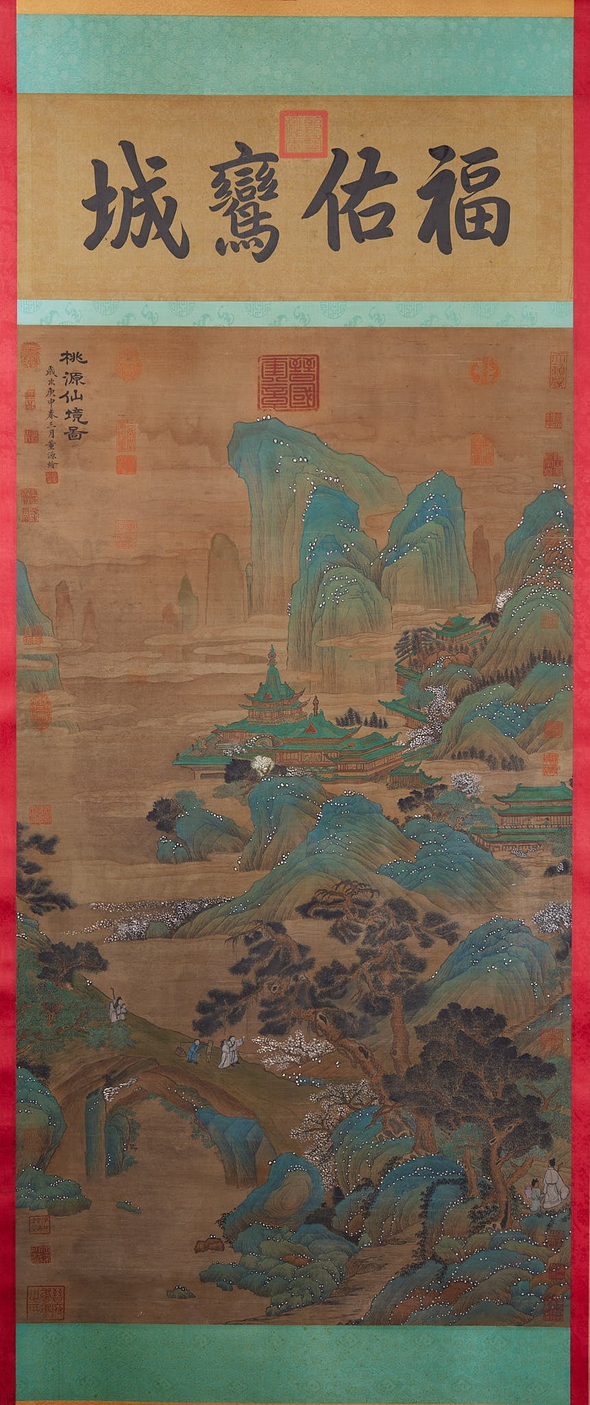 Vertical Scroll Peach Blossom Spring by Dong Yuan: Dong Yuan's Vertical Scroll of Peach Blossom Spring, 148cm in length and 67cm in width. Traditionally attributed to Dong Yuan, a painter of the Southern Tang Dynasty in the Five Dynasties, passed