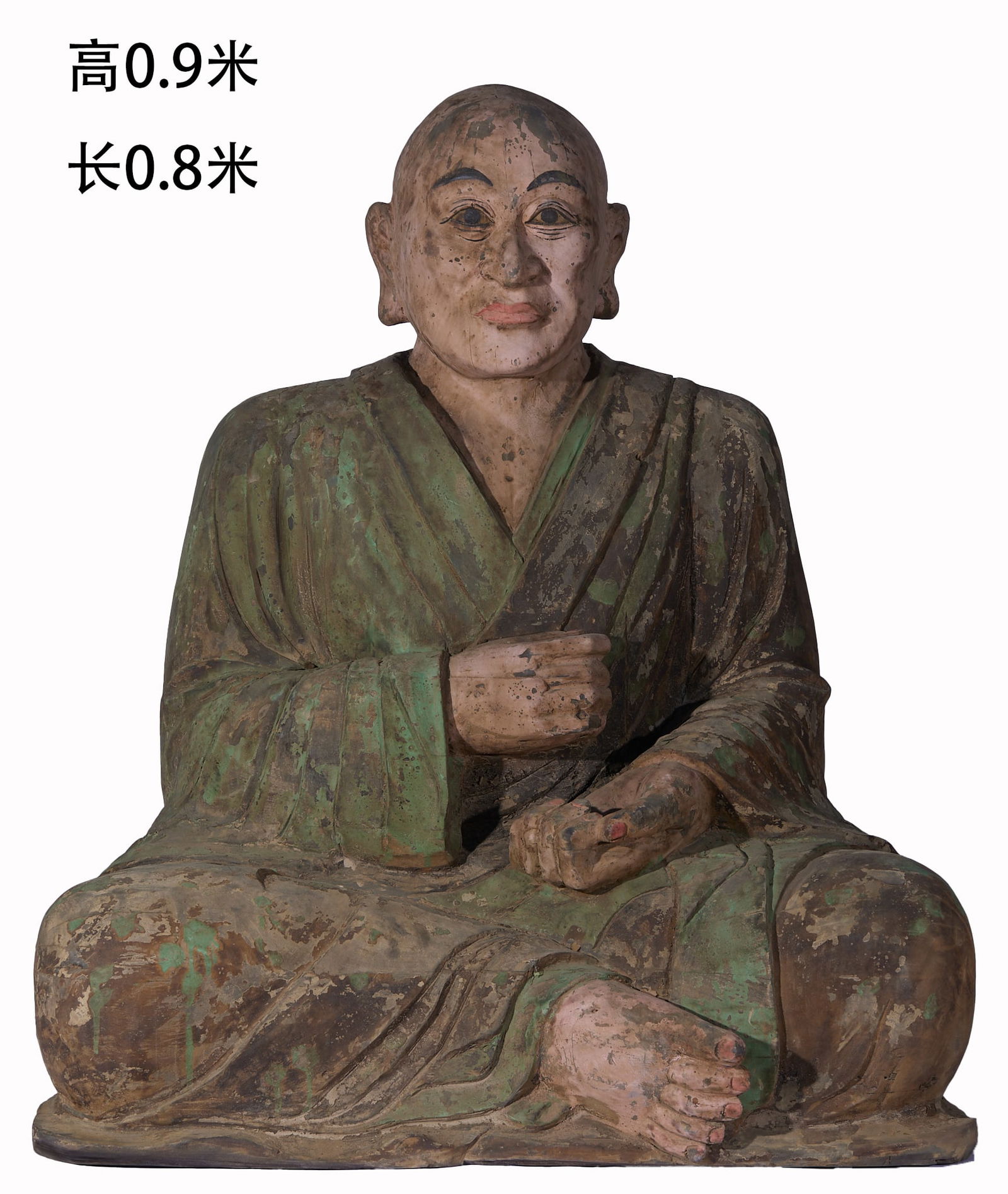 Two Arhat Statues, Cypress Wood, Pre-Ming Dynasty: Cypress Wood Arhat Statue Before the Ming Dynasty, No.2, 90cm in height and 80cm in length. Produced by a wood carving workshop in Pingyao, Shanxi in the Yuan Dynasty, it was one of the Eighteen