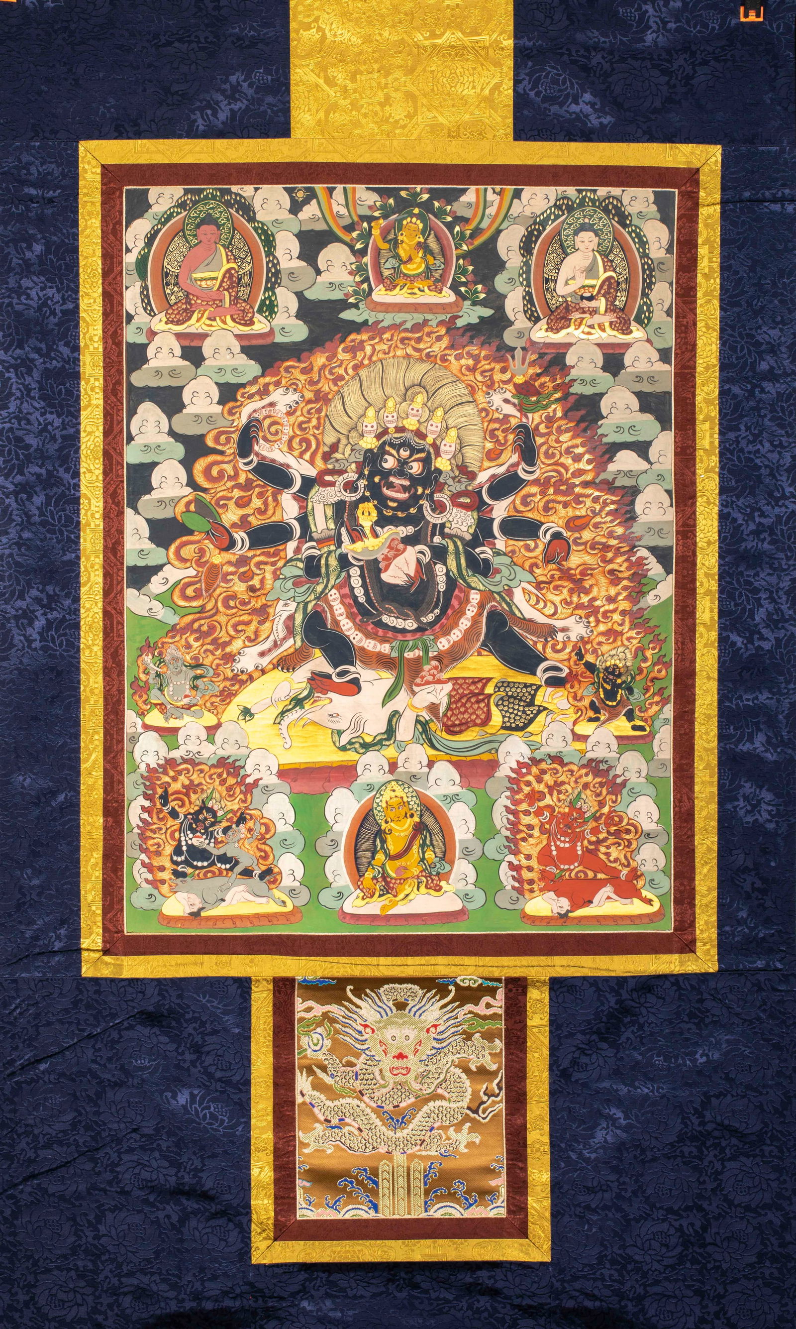Thangka of Six-Armed Black Mahakala: Thangka of Six-Armed Black Mahakala, 155cm in length and 87cm in width, Painted by artists from Tashilhunpo Monastery in Shigatse, Tibet during the Qing Dynasty, it was a ritual vessel enshrined for