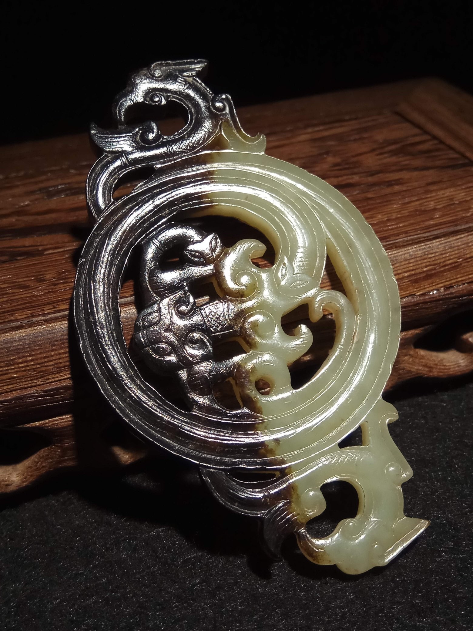 Archaic Hetian Green Jade Pendant with Openwork Double Phoenix and Chi-dragon Pattern (with Outer (1 of 9)