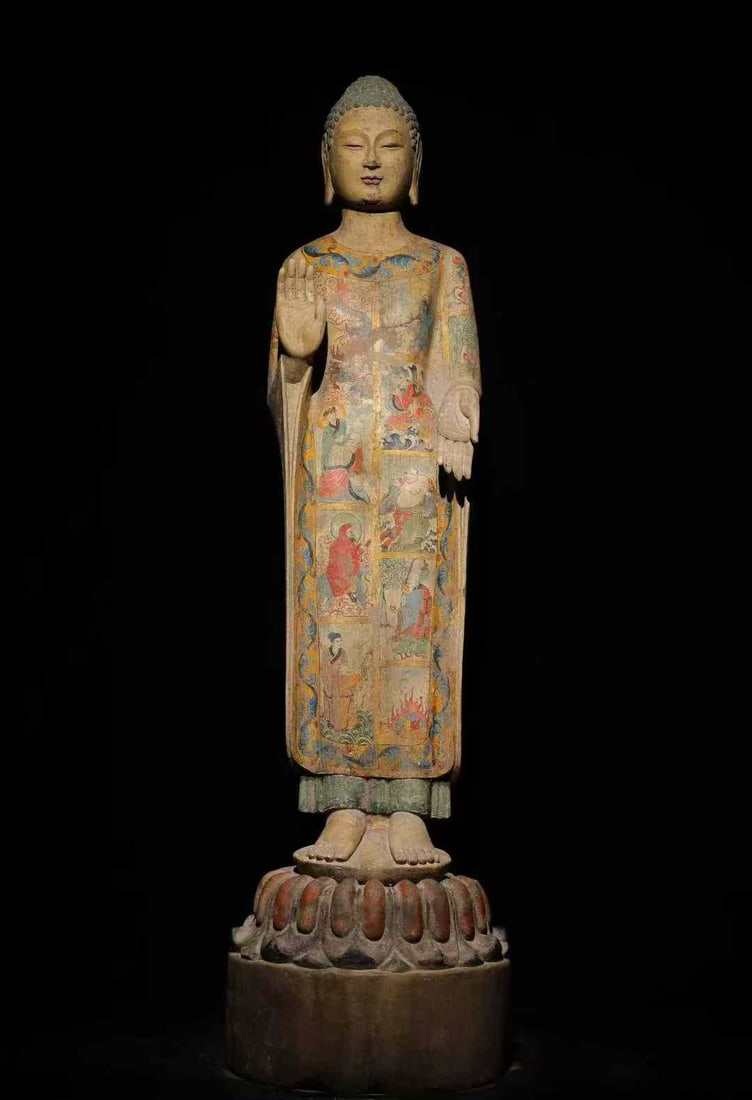 Standing Buddha with Polychrome, Qingzhou, Qi Dynasty: Painted Standing Buddha of Qingzhou, Northern Qi Dynasty, 143cm in height, 36cm in length and 36cm in width, Unearthed from the site of Longxing Temple in Qingzhou, Northern Qi Dynasty, it is a