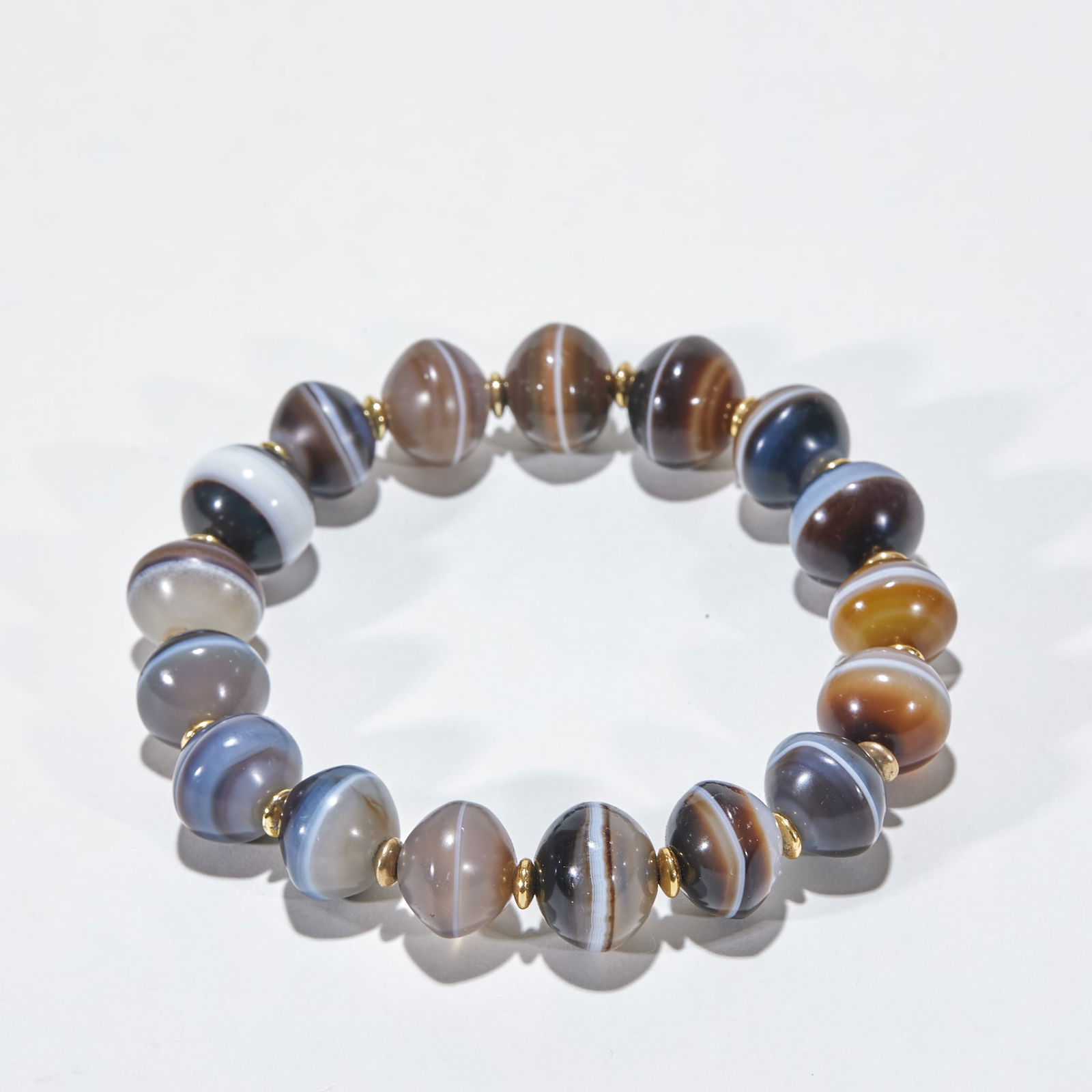 Prayer Bracelet with Banded Agate Abacus Beads: Banded Agate Abacus Bead Bracelet, Each bead 1.3cm in diameter, total weight 46g, Produced by a workshop of the Thirteen Hongs in Guangzhou in the Qing Dynasty, it was a jewelry for export or Lingnan