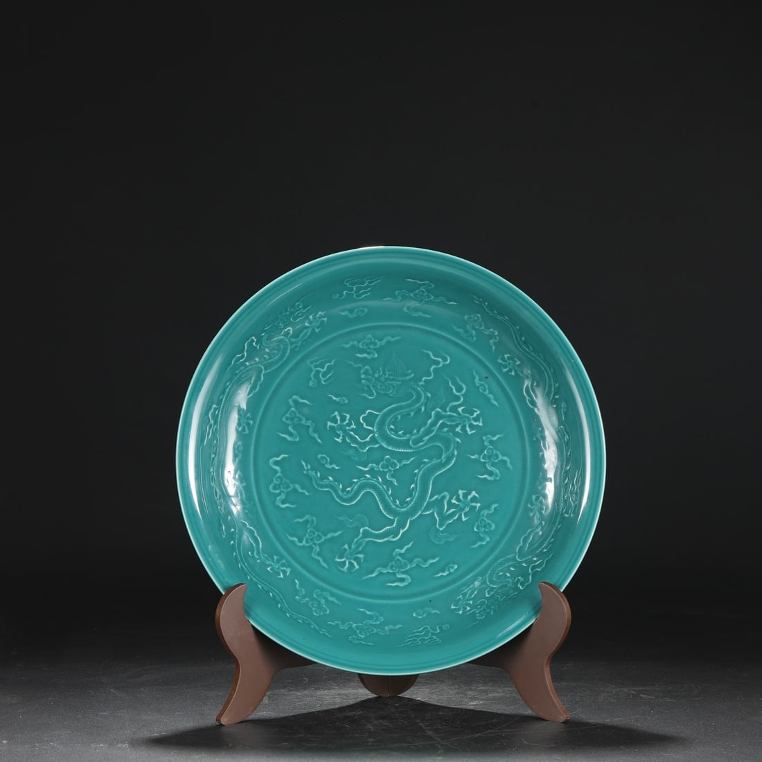 Large Plate with Carved Cloud and Dragon Pattern, Peacock Green Glaze, Yongle Reign, Ming Dynasty (1 of 7)