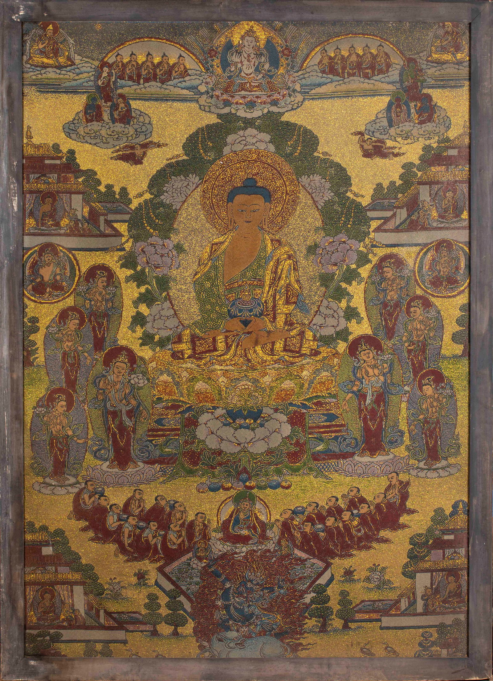 Hanging Screen of Medicine Buddha Statue, Kesi Silk Tapestry, Pre-Ming Dynasty: Kesi Tapestry Hanging Screen of Medicine Buddha, Pre-Ming Dynasty, Length: 146cm, Width: 106cm, Produced by the workshop of Sakya Monastery in Xizang in the Yuan Dynasty, it was a ritual vessel for