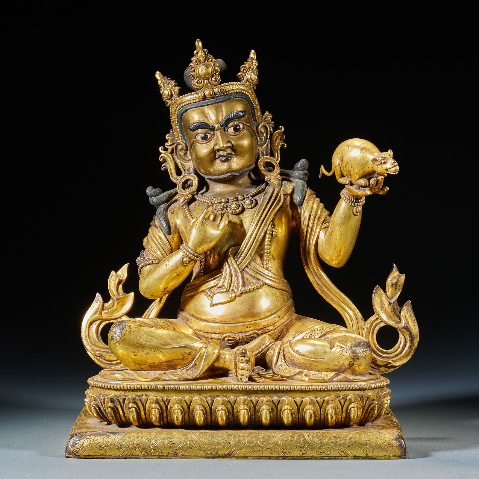 Yellow Jambhala Statue, Bronze with Gold Gilding: Gilt Bronze Yellow Jambhala Statue, H:32cm, L:27cm, W:19cm