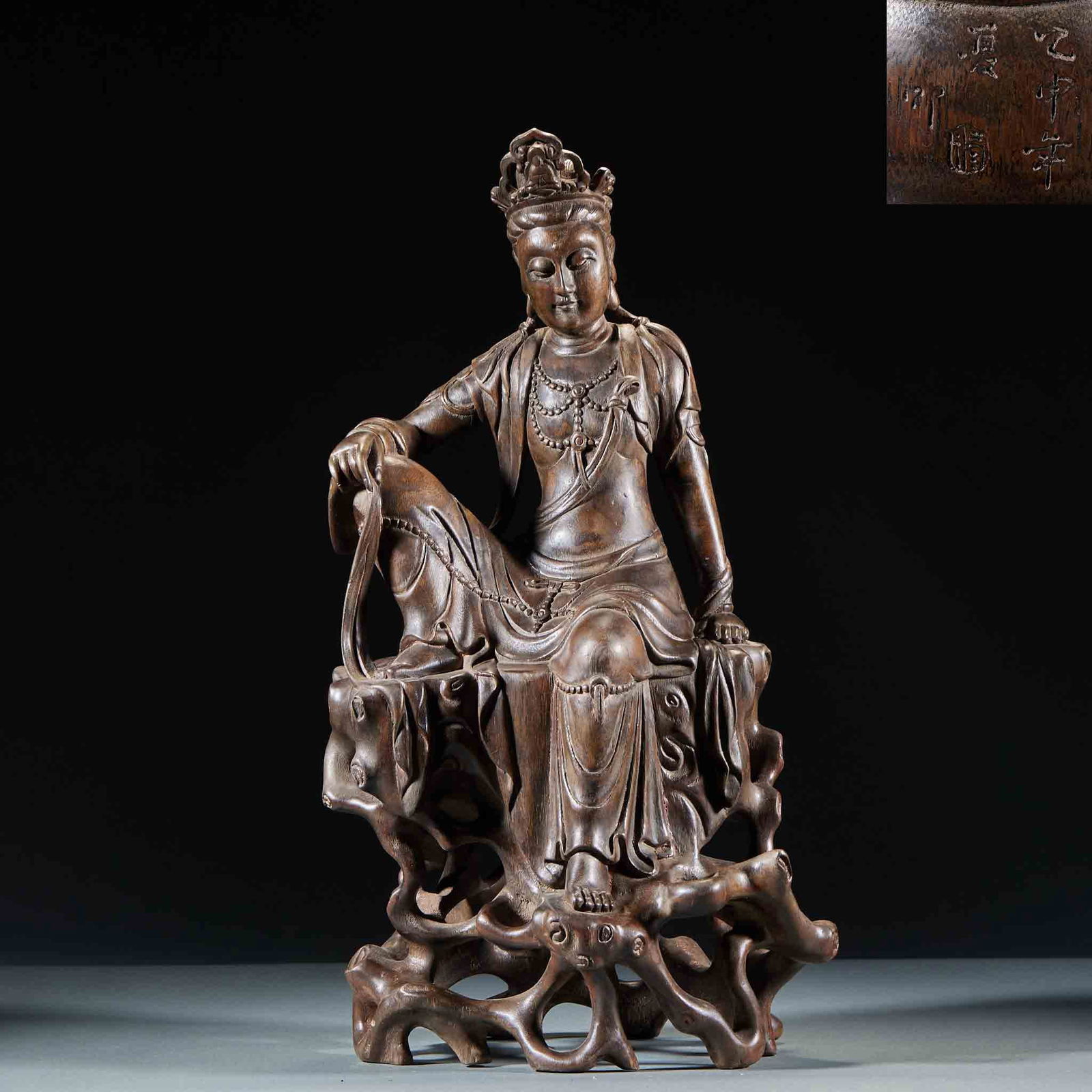Seated Guanyin Statue on High Platform, Agarwood, Qing Dynasty: Eaglewood Seated Statue of Guanyin in Ease on a High Platform, Qing Dynasty, H:40cm, L:22cm, W:17cm, Wt:944g