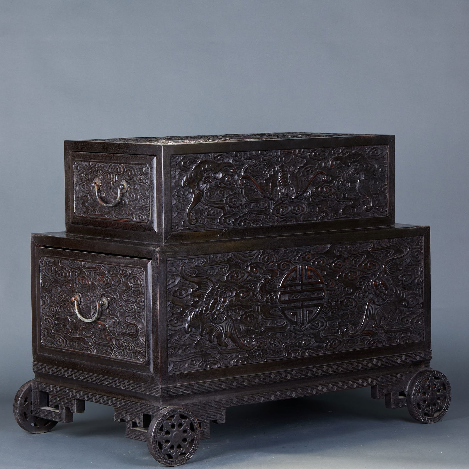Treasure Cabinet with Fortune and Longevity Pattern, Red Sandalwood: Red Sandalwood Treasure Cabinet Carved with Fortune and Longevity Patterns, H:58cm, L:75cm, W:46.5cm