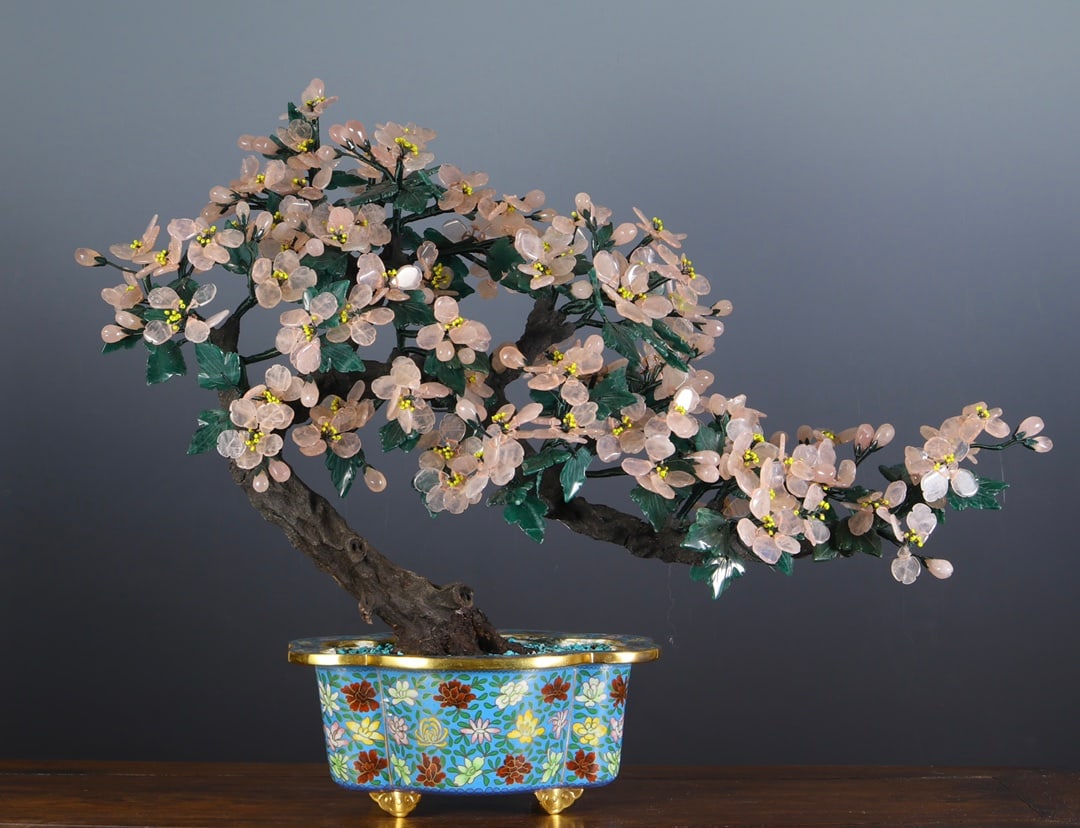 Cloisonné and Jade Bonsai with Pink Chinese Flowering Crabapple Blooms (1 of 9)