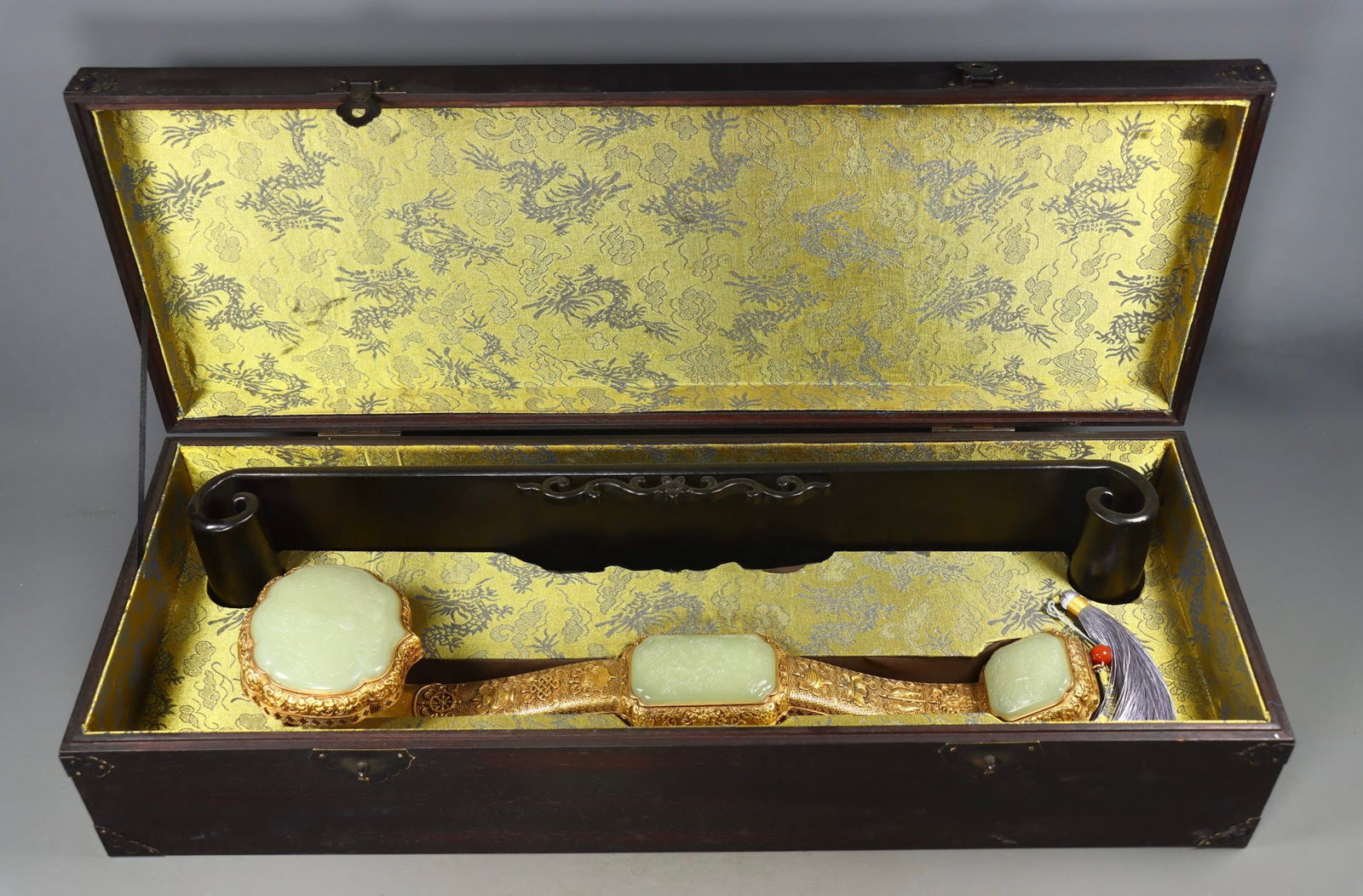 Auspicious Eight Treasures Ruyi with Hetian Jade Inlay, Bronze with Gold Gilding (1 of 9)