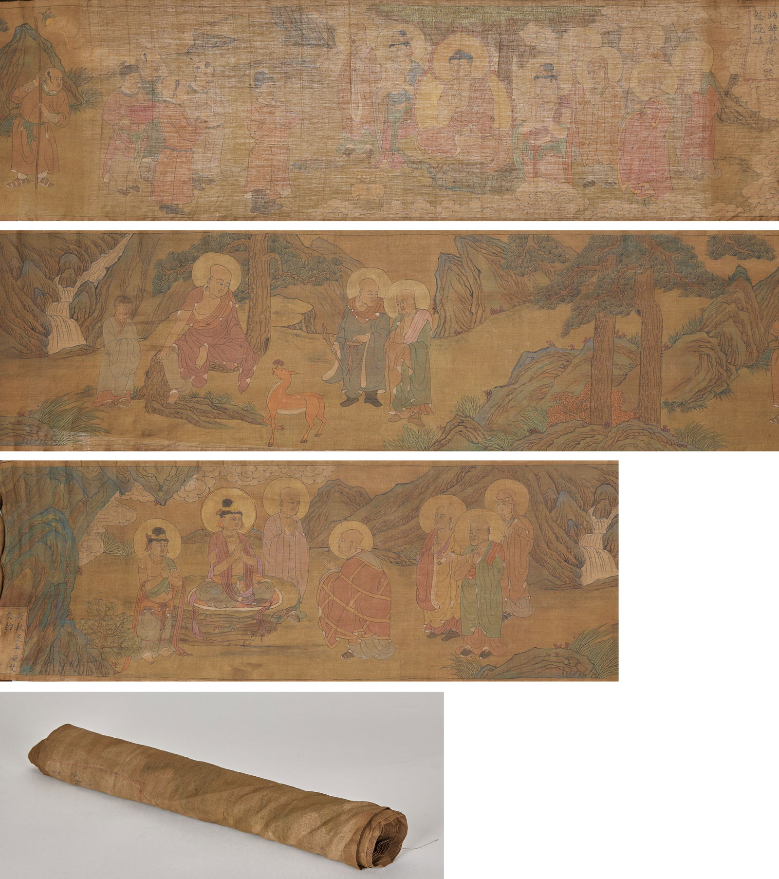 Handscroll of Buddhist Figure Stories, Linen: Linen Long Scroll with Buddhist Figure Stories, L:410cm, W:44cm