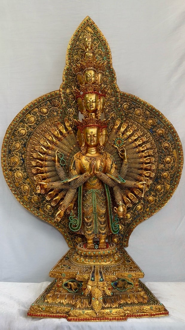 Thousand-Hand Guanyin Statue, Gold Gilding with Inlay of Pearls, Turquoise and Lapis Lazuli (1 of 10)