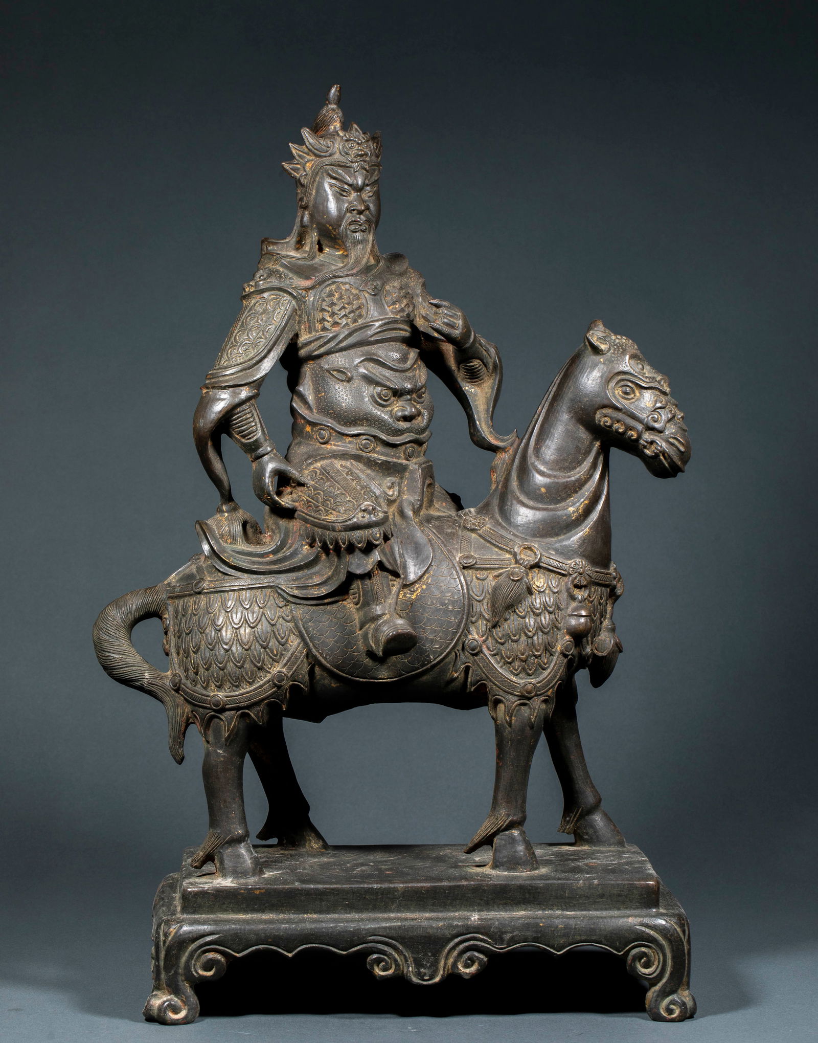 Guan Yu Statue on Horseback, Pre-Ming Dynasty: Statue of Guan Yu on Horseback, Pre-Ming Dynasty, H:57cm, L:33cm, W:17cm