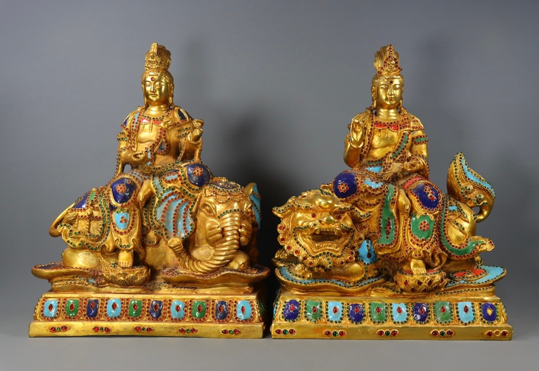 A Pair of Manjushri and Samantabhadra Bodhisattva Statues, Bronze with Gold Gilding, Precious Stone (1 of 10)