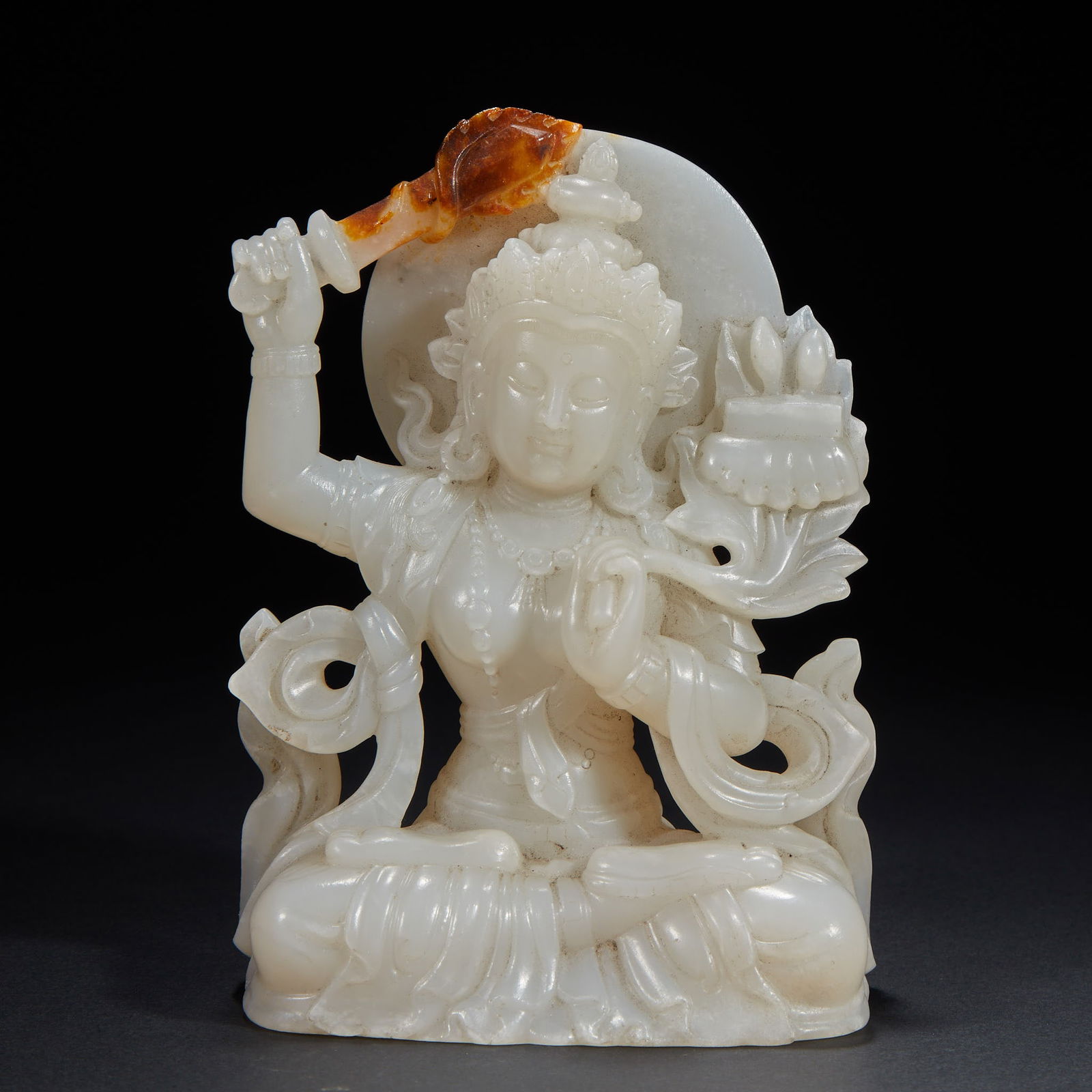 Manjushri Bodhisattva Ornament, Hetian Jade: Hetian Jade Manjushri Bodhisattva Statue, H:14cm, L:10cm, T:5cm, Wt:663g