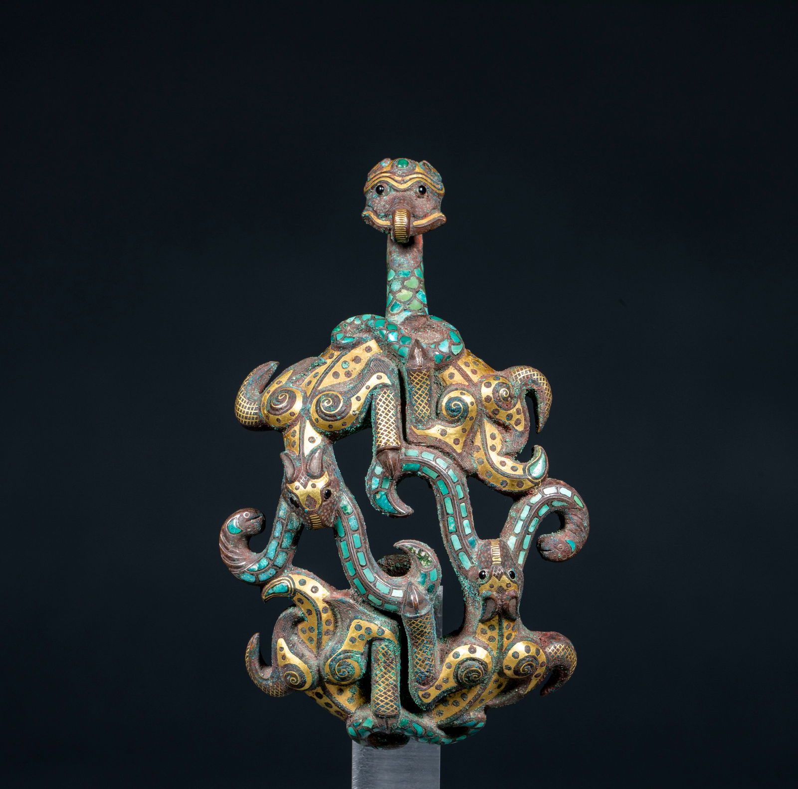 Belt Hook with Ouroboros Pattern, Gold and Silver Inlay, Pre-Ming Dynasty (1 of 8)