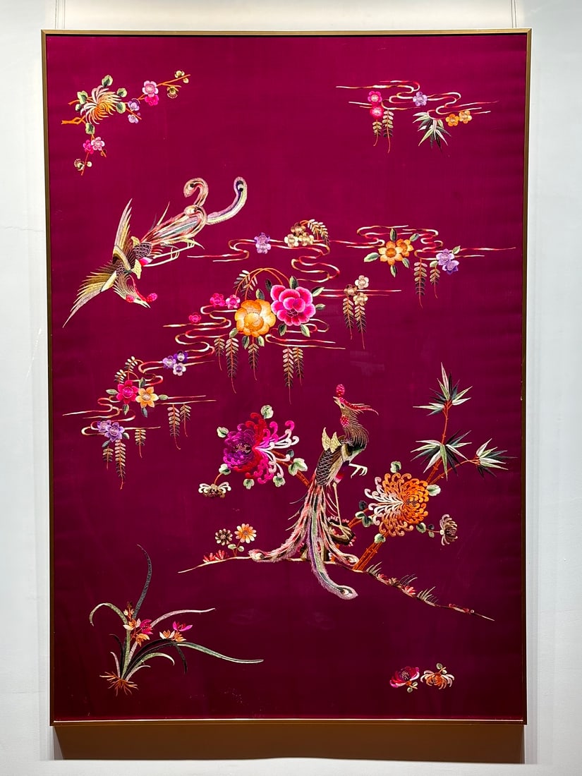 Vintage Guangdong Embroidery Phoenixes Wreathing Peonies (1 of 6)