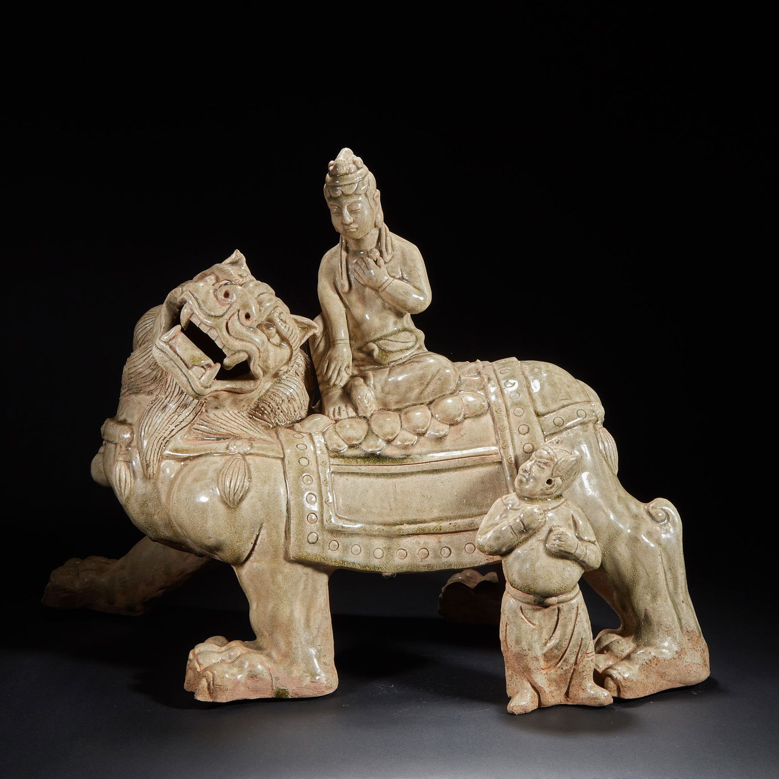 Manjushri Bodhisattva Statue, Xiangzhou Kiln: Xiangzhou Kiln Manjushri Bodhisattva Statue, H:40cm, L:55cm, W:25cm