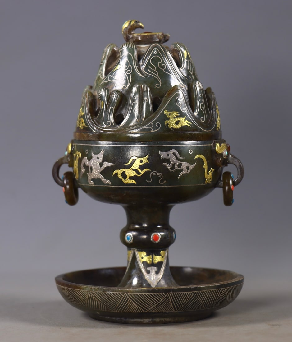 Boshan Incense Burner with Gold, Silver Wire & Precious Stone Inlay, Hetian Jade (1 of 10)