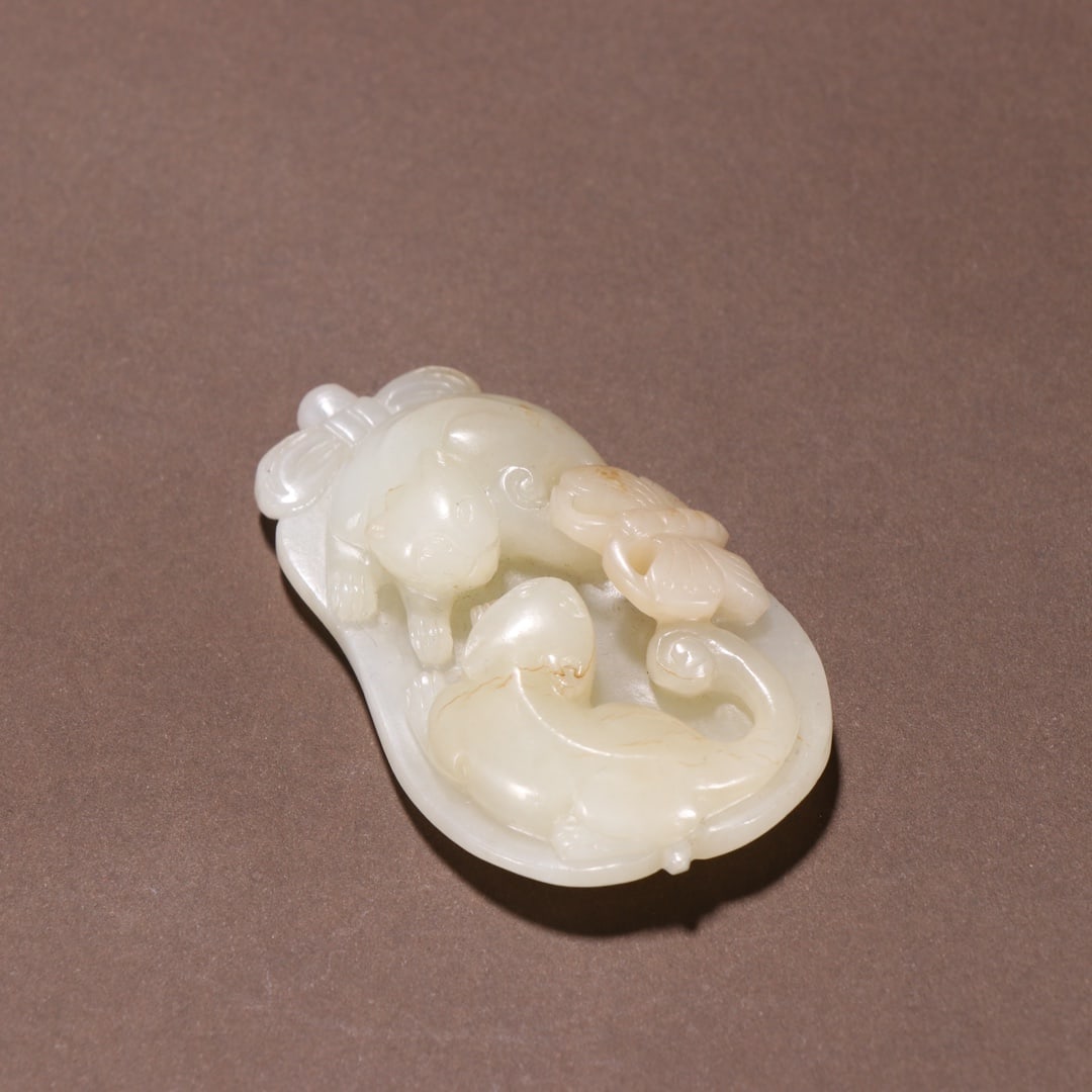 Carving of "Longevity and Prosperity" (Cat and Butterfly), Hetian Jade, Qing Dynasty (1 of 9)