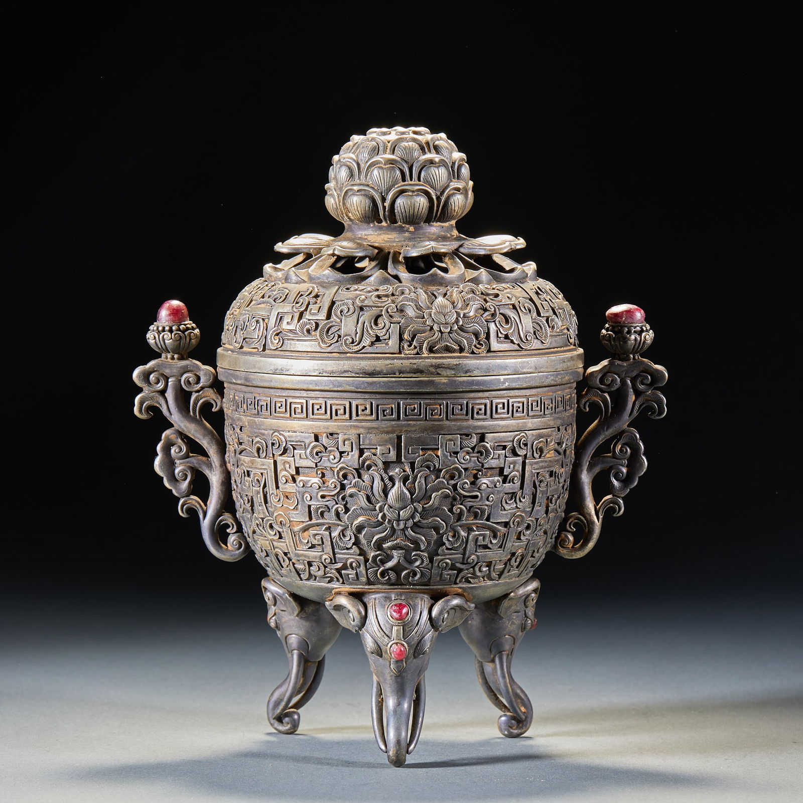 Double-Eared Incense Burner with Flower Pattern & Lotus Knop, Qing Dynasty (1 of 14)