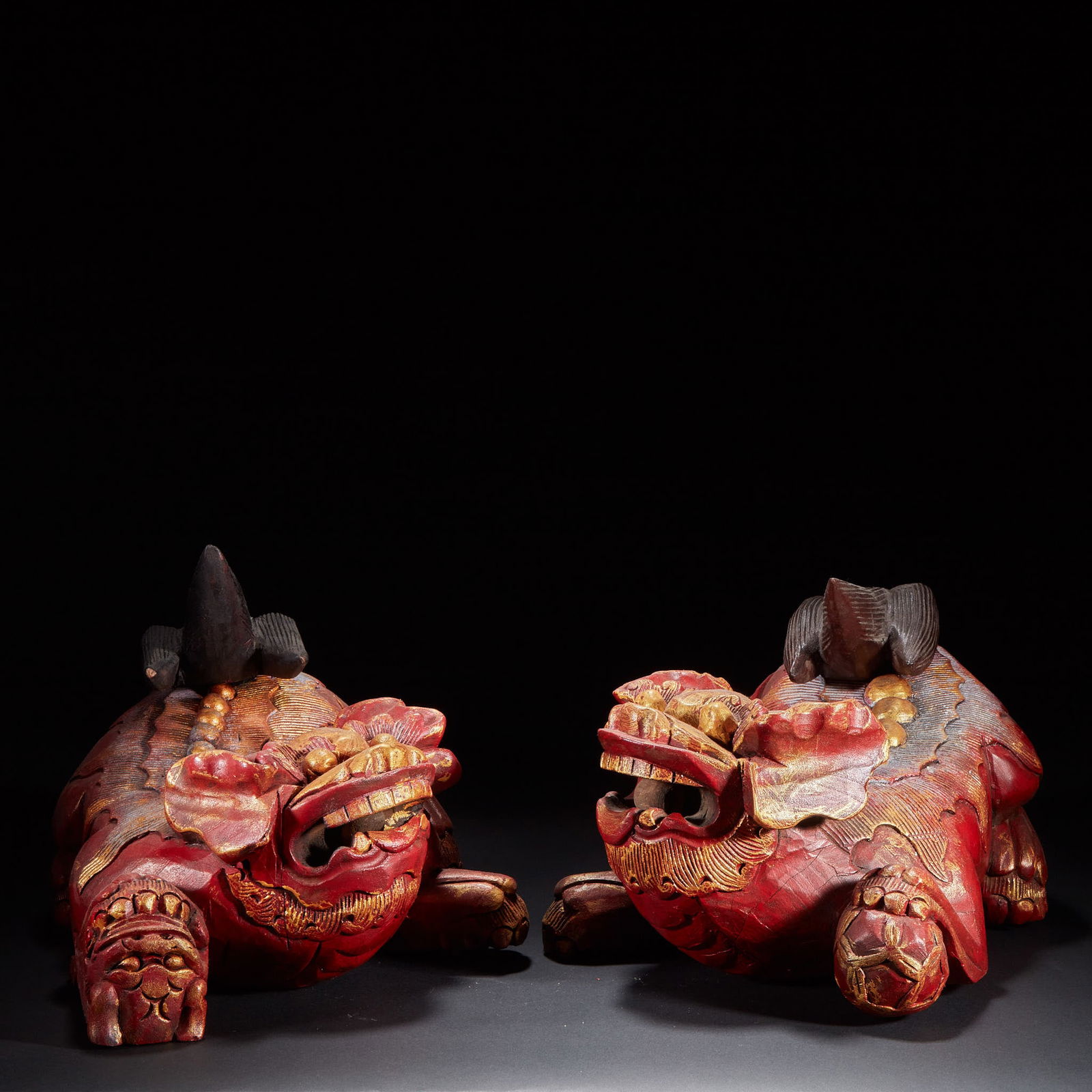 A Pair of Lion Statues, Wood with Polychrome & Gilding, Pre-Ming Dynasty (1 of 8)