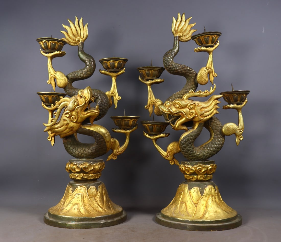 A Pair of Dragon Lamp Stands with Partial Gilding, High Relief & Chiseled Carving (1 of 9)