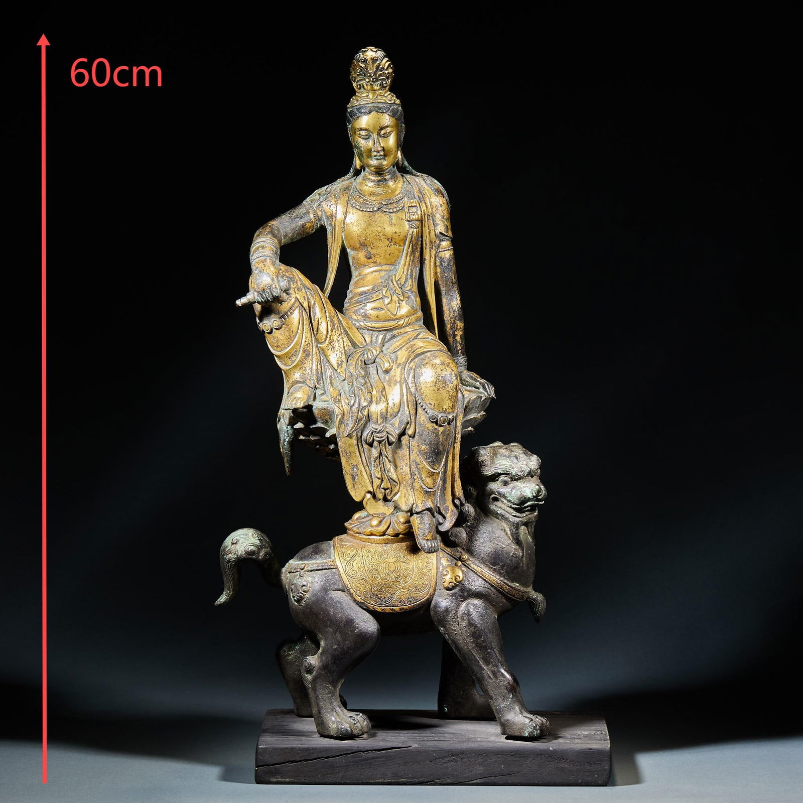 Gilt Bronze Manjushri Bodhisattva Statue: Gilt-Bronze Statue of Manjushri Bodhisattva, 60cm in height, 28cm in length, 16cm in width and 9950g in weight, a consecrated statue of the Tang Dynasty imperial court or large-scale temples,