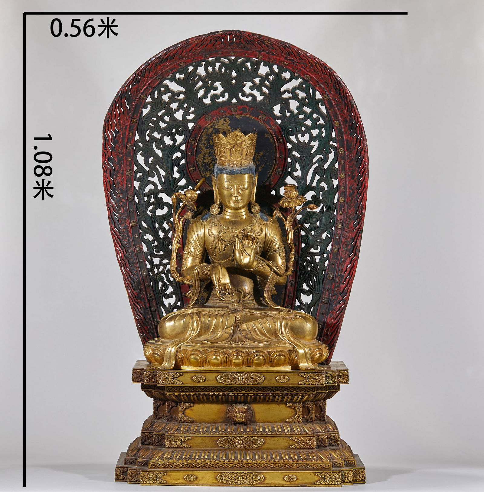 Gilt Bronze Manjushri Bodhisattva Statue with Nimbus, Qing Dynasty: Qing Dynasty Gilded Statue of Manjushri Bodhisattva with Nimbus, 108cm in height, 56cm in length and 36cm in width, a consecrated statue of the Qing Dynasty imperial court or large-scale temples,