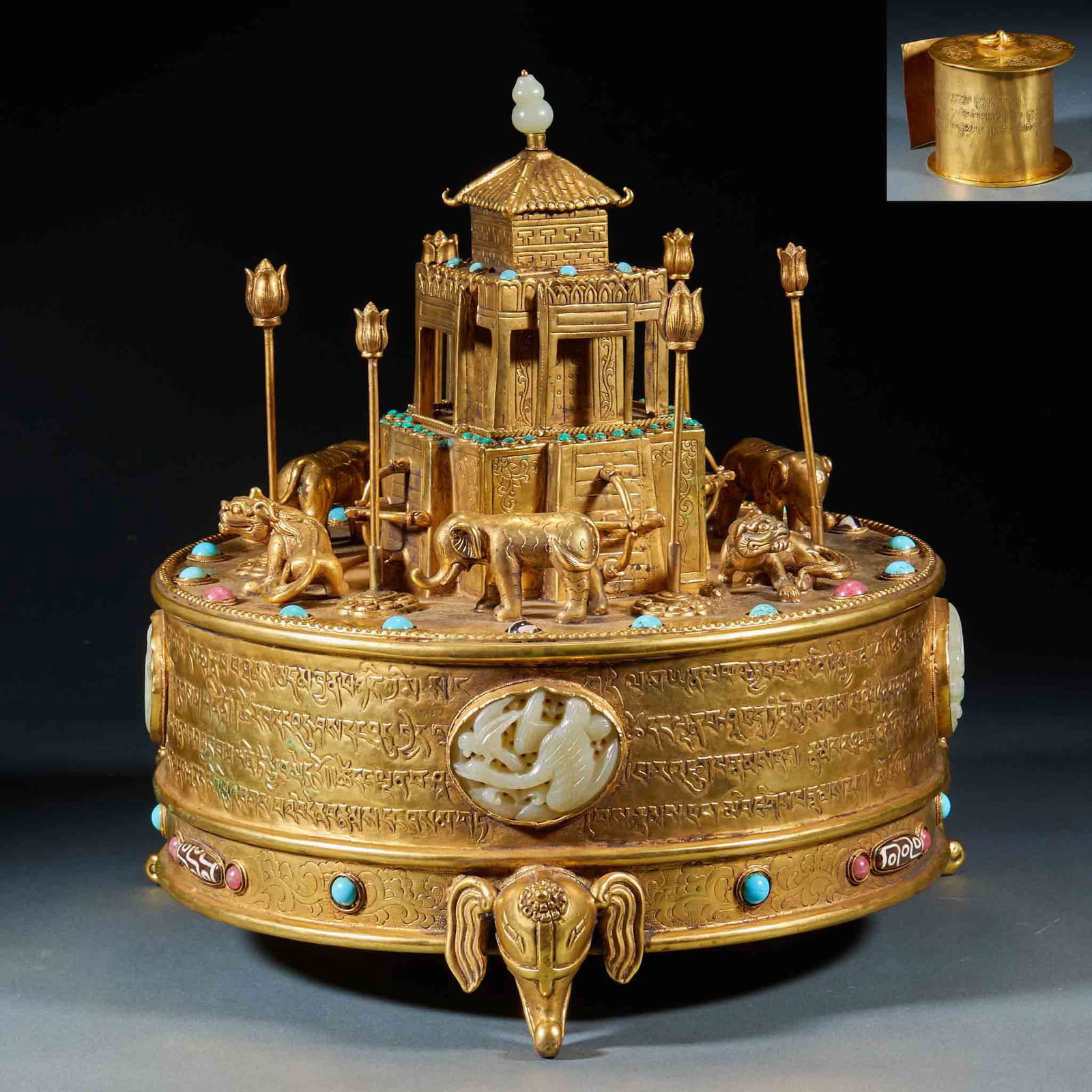 Gilt Bronze Mandala Inlaid with Treasures and Supported by Three Elephant Feet (with Sutras Inside): Gilt-Bronze Gem-Inlaid Altar City with Three Elephant Legs [Inlaid with Sutras], height 30 cm, diameter 30 cm. A Tibetan-style imperial offering vessel of the Qianlong period in the Qing Dynasty,