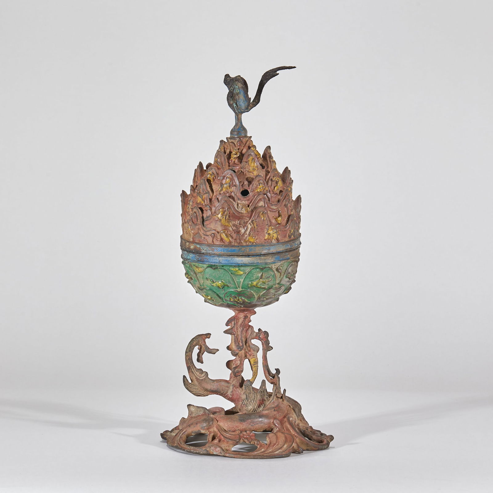 Polychrome Bronze Boshan Censer with Dragon and Phoenix Motifs, Pre-Ming Dynasty (1 of 9)