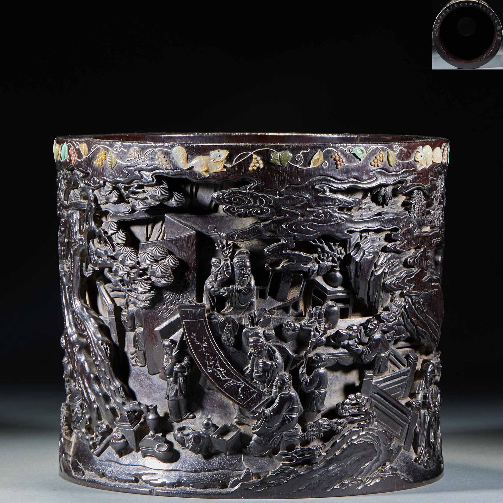Red Sandalwood Brush Pot Inlaid with Treasures and Figure Story Motifs, 13th Year of the Qianlong (1 of 12)