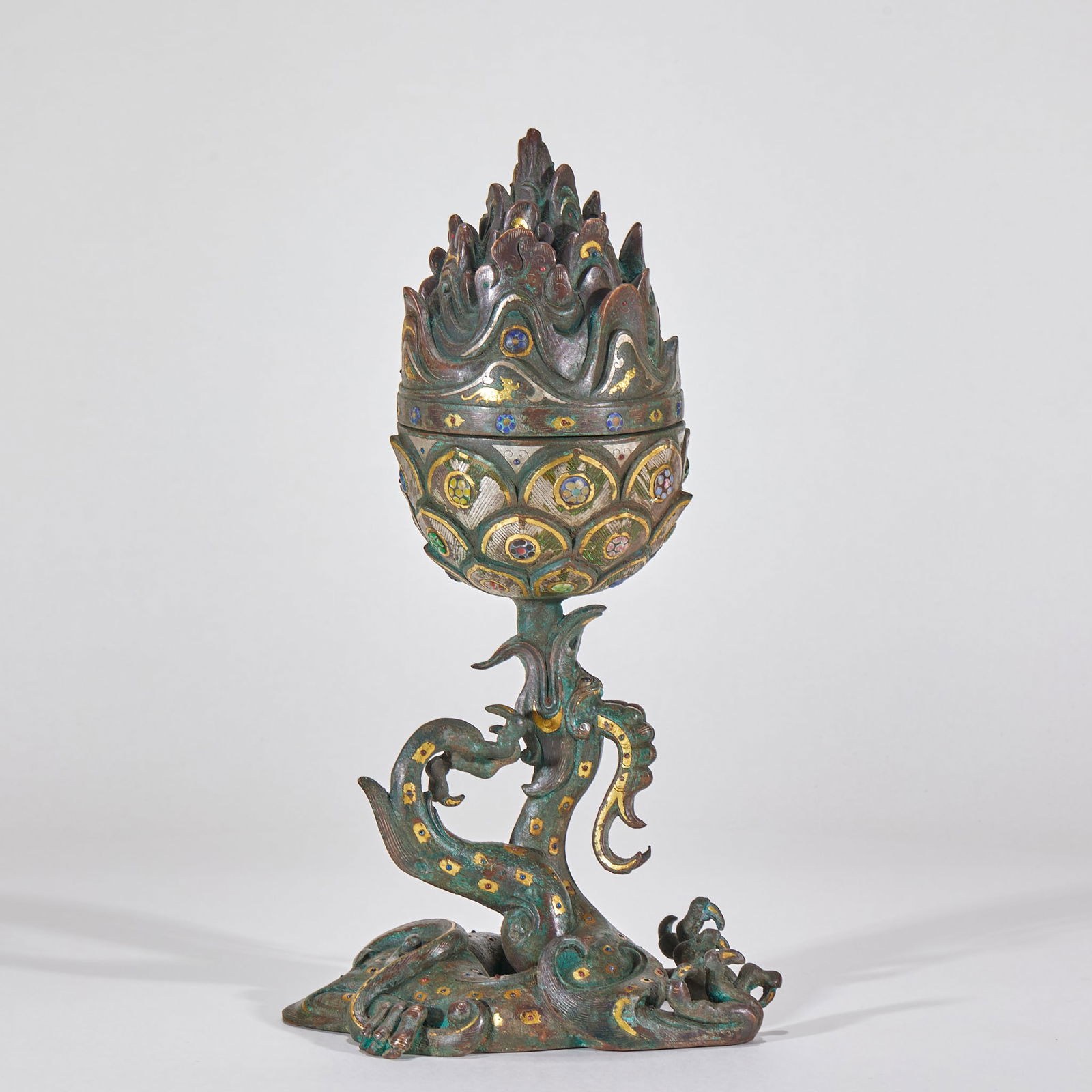 Gold and Silver Inlaid Gem-Embedded Bronze Boshan Censer with Dragon Pattern, Pre-Ming Dynasty (1 of 8)