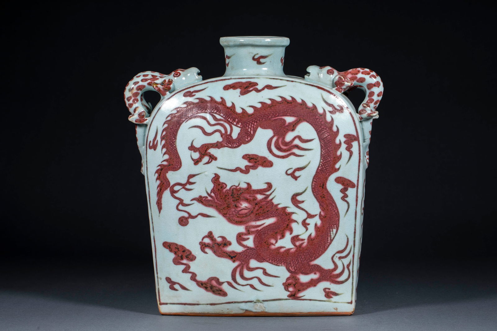 Underglaze Red Flat Vase with Four Loops and Dragon & Phoenix Motifs (1 of 13)