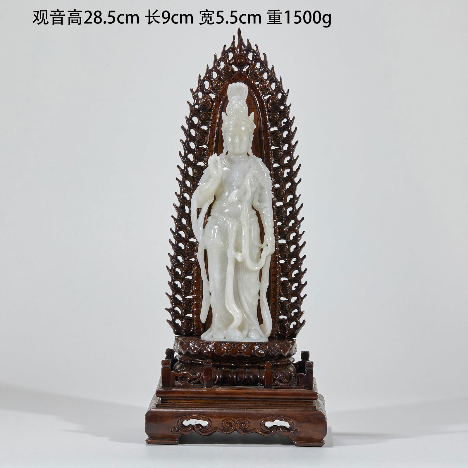Jade Guanyin Seated Statue with Ribbons: Hetian White Jade Guanyin with Floating Ribbons Seated Statue, Guanyin height 28.5 cm, width 9 cm, thickness 5.5 cm, weight 1500 g. Crafted by the Imperial Workshop in the Qianlong Period of the Qing