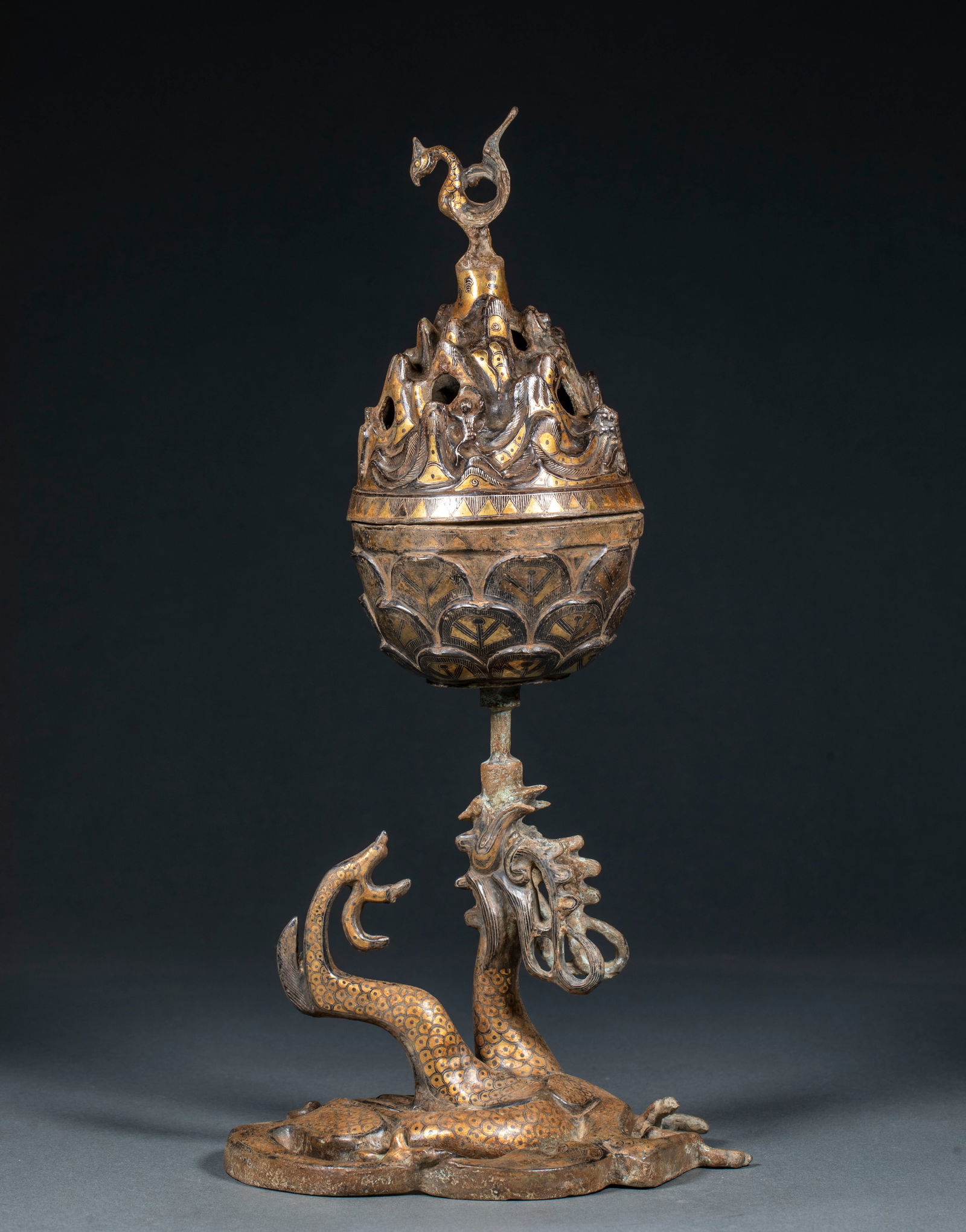 Gold and Silver Inlaid Bronze Boshan Censer with Coiled Dragon, Pre-Ming Dynasty (1 of 14)