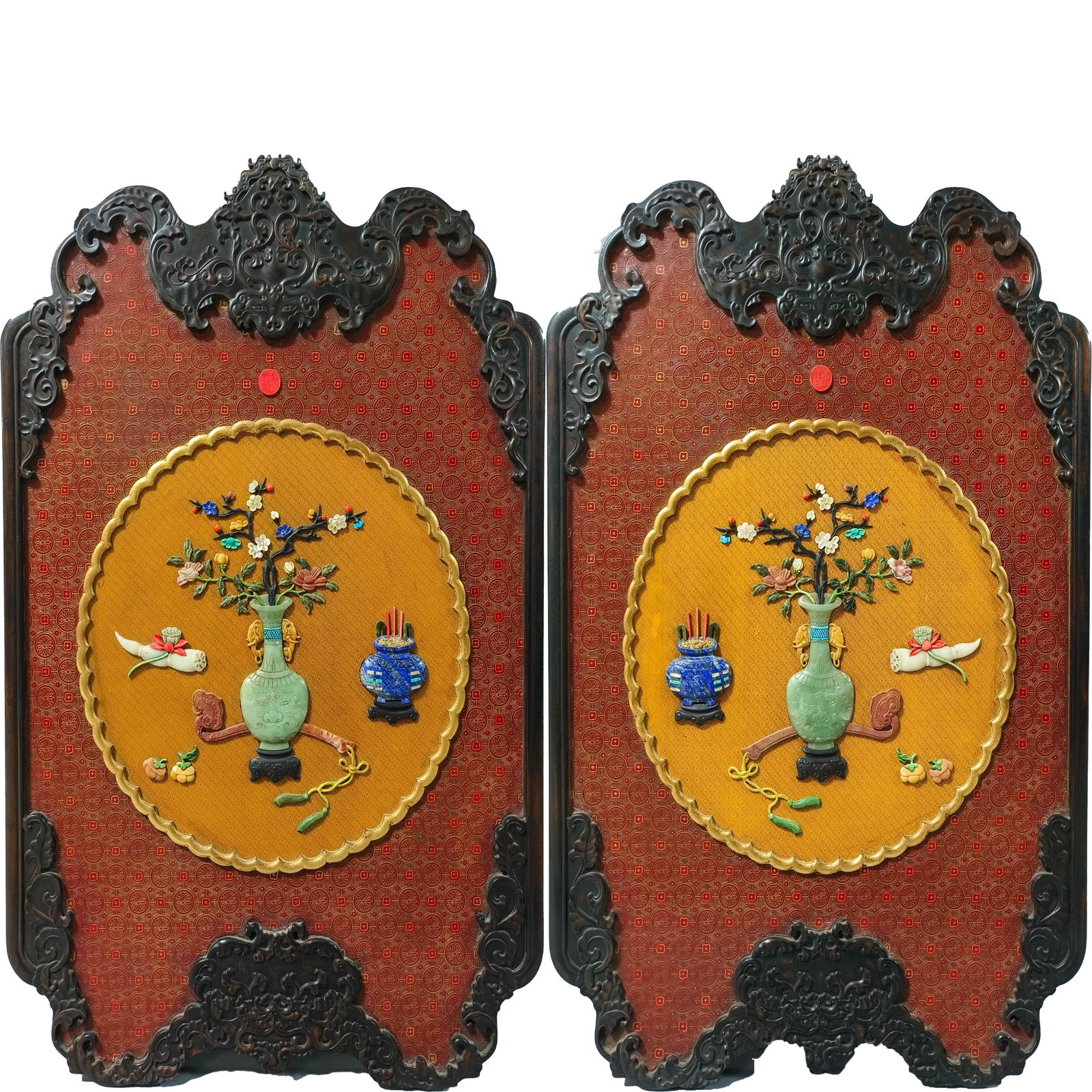 A Pair of Red Sandalwood Wall Screens Inlaid with Bogu (Antique) Motifs (1 of 16)