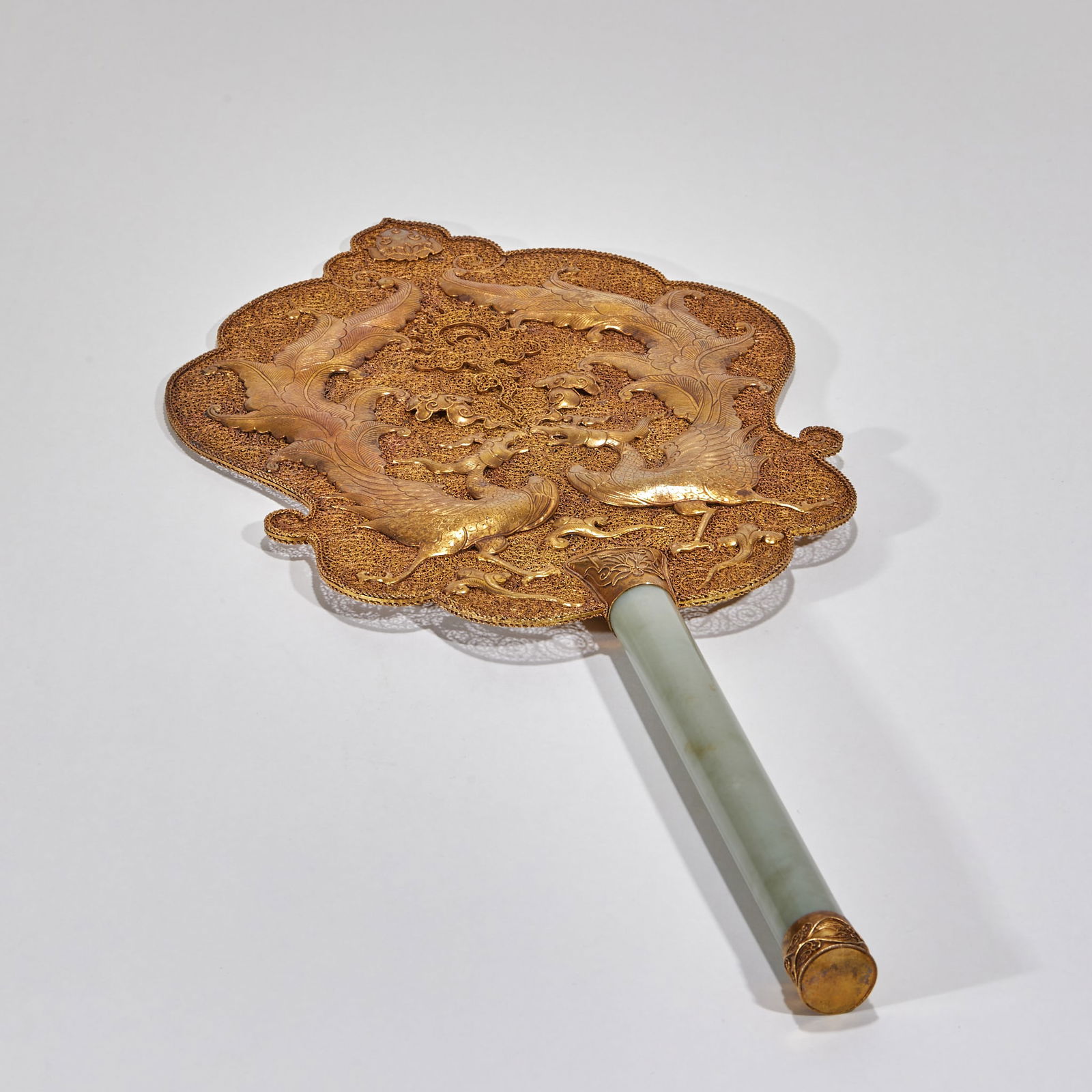 Silver Gilt Jade-Wrapped Fan with Two Phoenixes Facing the Sun Motif (1 of 7)