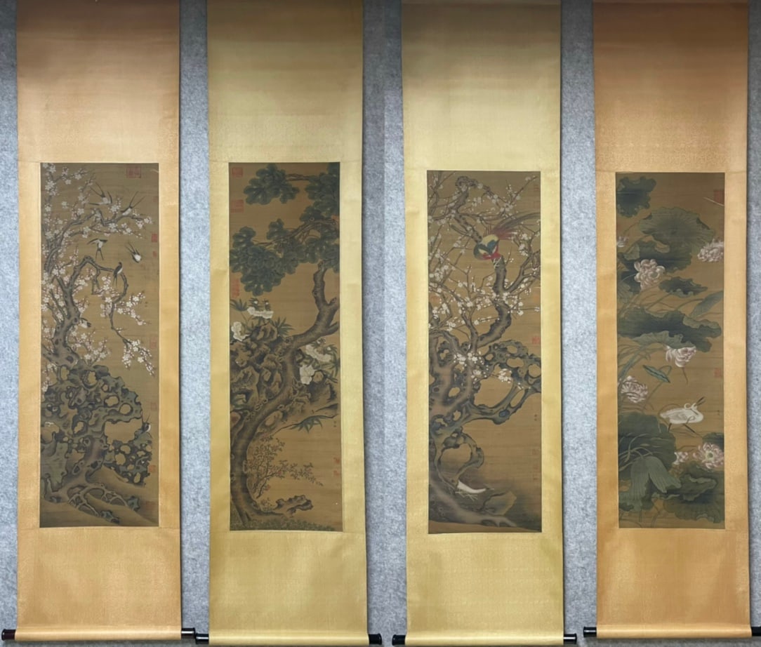 Xu Xi, Four-Panel Silk Screen, Five Dynasties: Five Dynasties Xu Xi Silk Four-Panel Screen, Length: 130cm, Width: 42cm