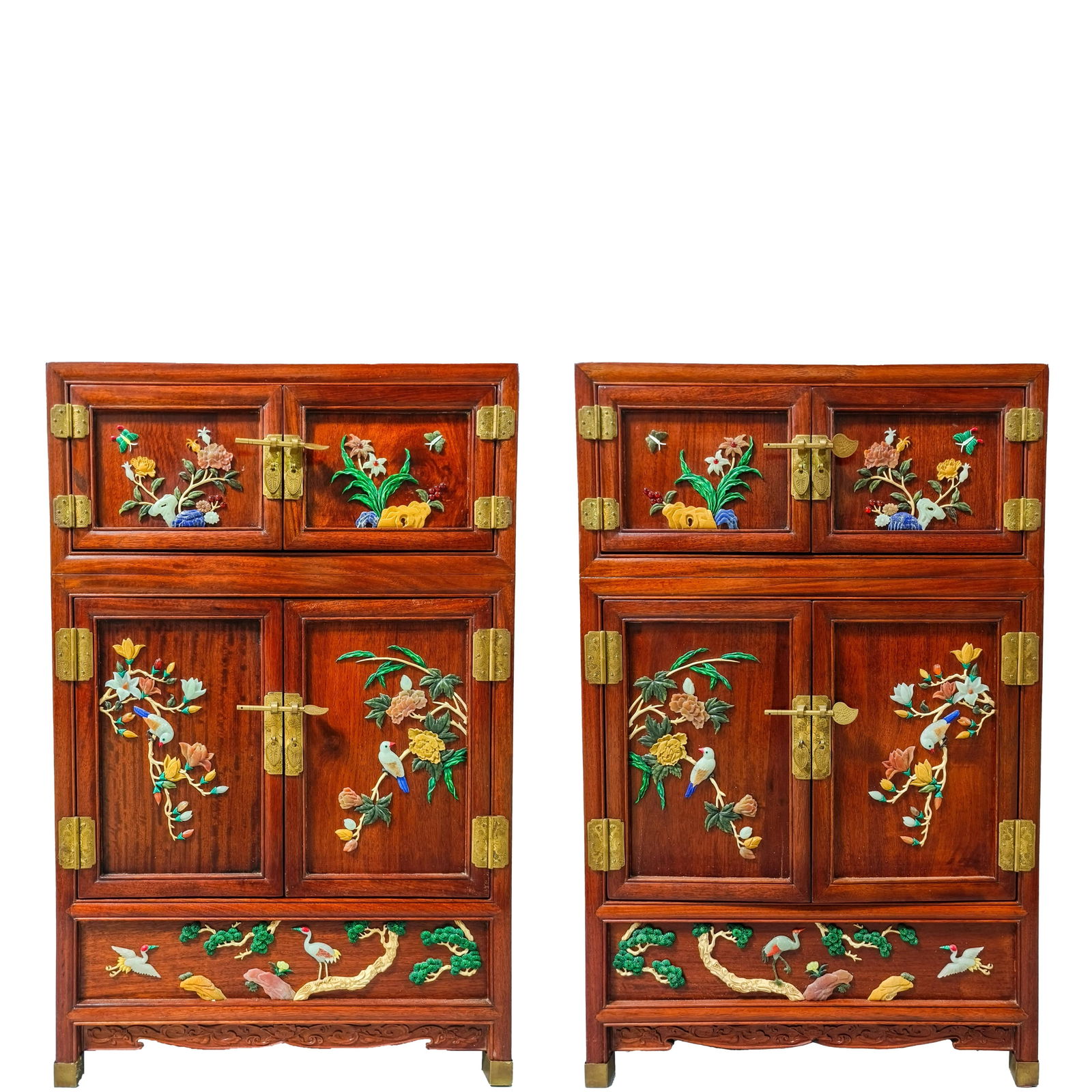 A Pair of Huanghuali Treasure Cabinets Inlaid with Flower, Bird and Pine-Crane Longevity Motifs: Huanghuali Wood Inlaid with Birds, Flowers, Pine, and Crane Multi-Treasure Cabinet Pair, Height: 70cm, Length: 45cm, Width: 20cm