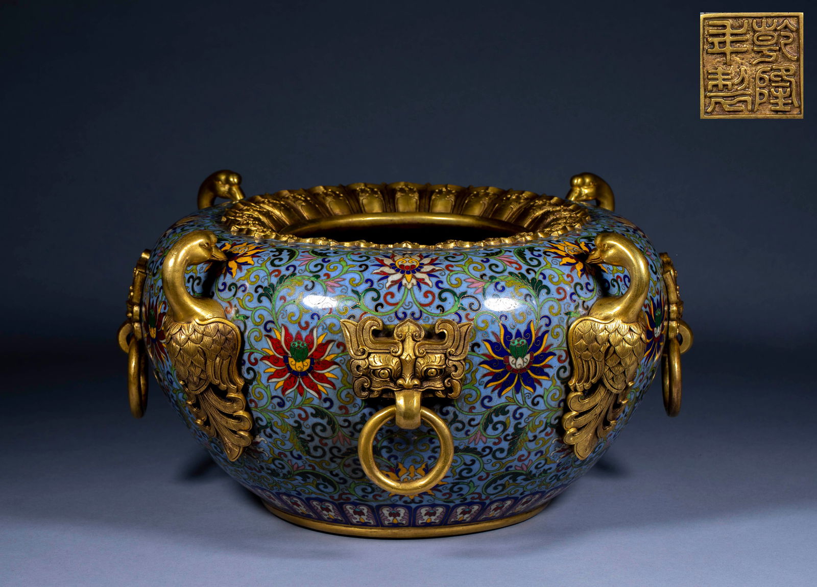 Qianlong Reign: Cloisonné Brush Washer with Interlocking Flower Motifs, Beast Ears and Ring Handles (1 of 10)