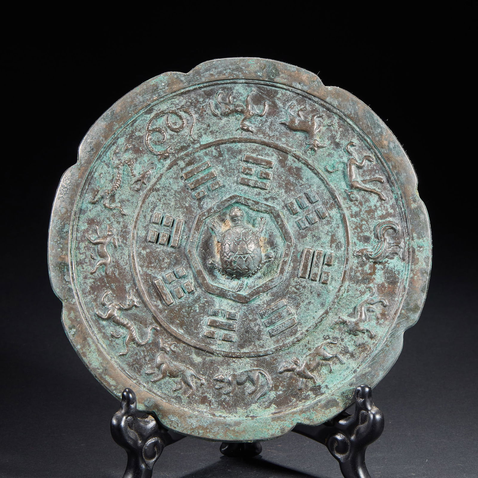 Bronze Mirror with the Twelve Chinese Zodiac and Eight Trigram Motifs, Pre-Ming Dynasty: Before Ming Dynasty, twelve zodiac and eight trigrams copper mirror, 18 cm in diameter, 706g in weight