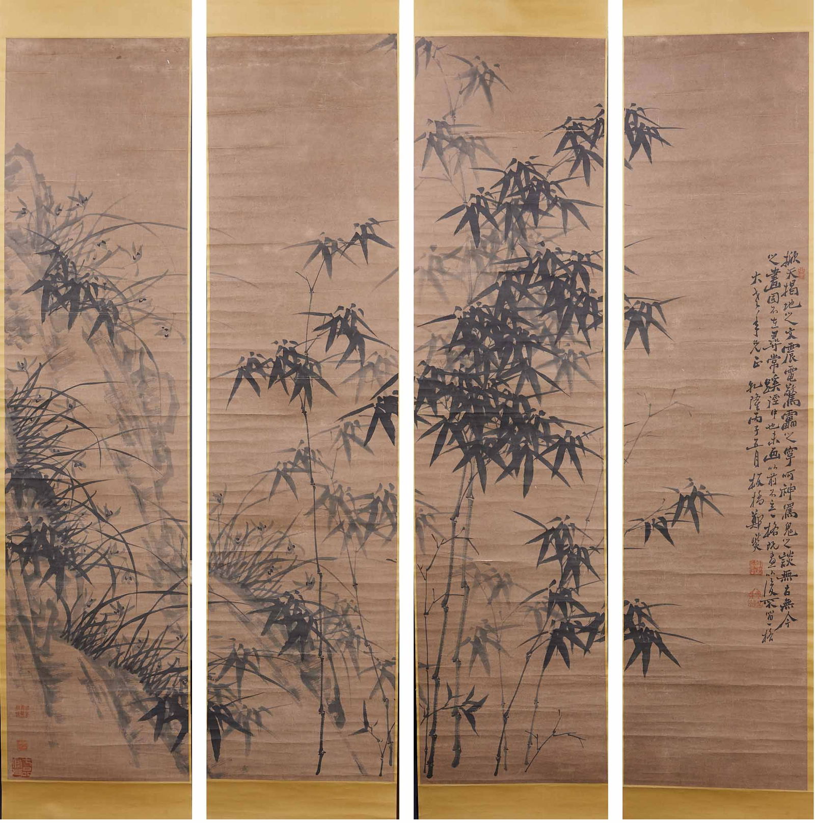 Zheng Banqiao, Four-Panel Continuous Landscape Screen of Bamboo: Zheng Banqiao's bamboo landscape screen, four panels, each 135 cm long, 34 cm wide
